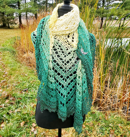 DAFFODIL Women's Lace Crochet Shawl or Triangle Scarf | Cotton Blend Large Adult | Green Yellow | Free Shawl Pin