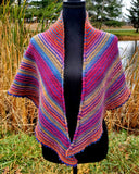 KALEIDOSCOPE Wool Striped Knitted "Sunset" Triangle Shawl | Medium | Pink Purple Blue Orange | Free Shawl Pin