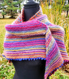 KALEIDOSCOPE Wool Striped Knitted "Sunset" Triangle Shawl | Medium | Pink Purple Blue Orange | Free Shawl Pin