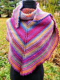 KALEIDOSCOPE Wool Striped Knitted "Sunset" Triangle Shawl | Medium | Pink Purple Blue Orange | Free Shawl Pin