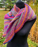 KALEIDOSCOPE Wool Striped Knitted "Sunset" Triangle Shawl | Medium | Pink Purple Blue Orange | Free Shawl Pin