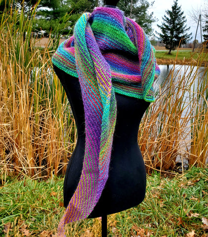 KALEIDOSCOPE Wool Striped Knitted Shawl "Lucky Charm" Boomerang Scarf | Medium | Green Purple Yellow | Free Shawl Pin