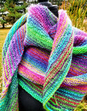 KALEIDOSCOPE Wool Striped Knitted Shawl "Lucky Charm" Boomerang Scarf | Medium | Green Purple Yellow | Free Shawl Pin