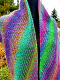 KALEIDOSCOPE Wool Striped Knitted Shawl "Lucky Charm" Boomerang Scarf | Medium | Green Purple Yellow | Free Shawl Pin