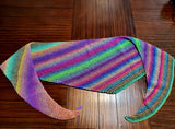 KALEIDOSCOPE Wool Striped Knitted Shawl "Lucky Charm" Boomerang Scarf | Medium | Green Purple Yellow | Free Shawl Pin