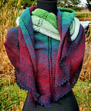 AURORA WRAP Gradient Knitted Shawl or Triangle Scarf | Large | Maroon Green Black | Free Shawl Pin