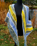 Blue and Yellow Striped Knitted Lace Shawl or Triangle Scarf | Merino Wool | Blue White Yellow | Free Shawl Pin