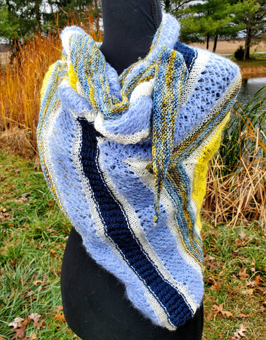 Blue and Yellow Striped Knitted Lace Shawl or Triangle Scarf | Merino Wool | Blue White Yellow | Free Shawl Pin