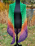 HEX Rainbow Crochet Shawl or Halloween Triangle Scarf | 100% Cotton Large | Green Purple Orange | Free Shawl Pin