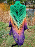 HEX Rainbow Crochet Shawl or Halloween Triangle Scarf | 100% Cotton Large | Green Purple Orange | Free Shawl Pin