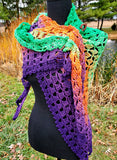 HEX Rainbow Crochet Shawl or Halloween Triangle Scarf | 100% Cotton Large | Green Purple Orange | Free Shawl Pin