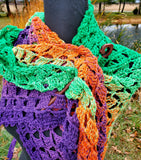 HEX Rainbow Crochet Shawl or Halloween Triangle Scarf | 100% Cotton Large | Green Purple Orange | Free Shawl Pin