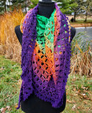 HEX Rainbow Crochet Shawl or Halloween Triangle Scarf | 100% Cotton Large | Green Purple Orange | Free Shawl Pin