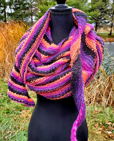 CHARMED Striped Knitted Shawl or Halloween Boomerang Scarf | Medium | Purple Orange Black | Free Shawl Pin