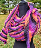 CHARMED Striped Knitted Shawl or Halloween Boomerang Scarf | Medium | Purple Orange Black | Free Shawl Pin