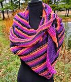 CHARMED Striped Knitted Shawl or Halloween Boomerang Scarf | Medium | Purple Orange Black | Free Shawl Pin