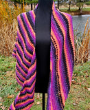 CHARMED Striped Knitted Shawl or Halloween Boomerang Scarf | Medium | Purple Orange Black | Free Shawl Pin