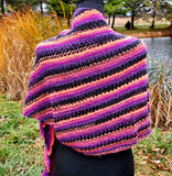 CHARMED Striped Knitted Shawl or Halloween Boomerang Scarf | Medium | Purple Orange Black | Free Shawl Pin