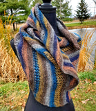 Bohemian Striped Knitted Lace Shawl or Triangle Scarf | Medium | Blue Orange Gray Yellow | Free Shawl Pin