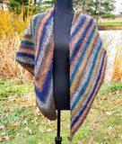 Bohemian Striped Knitted Lace Shawl or Triangle Scarf | Medium | Blue Orange Gray Yellow | Free Shawl Pin